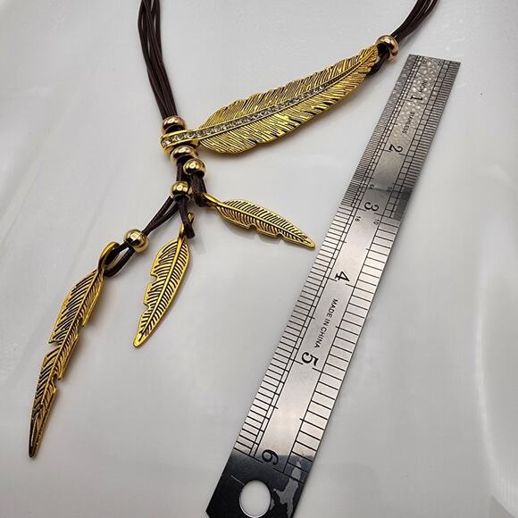 Gold Feather Boho Rhinestone Necklace - Picture 3 of 3